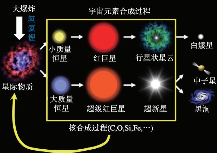 化学元素周期表大爆炸核合成产生的氢和氦逐步合成更重的元素. 恒星抛洒在太空中的星际物质被引力重新聚合, 形成下一代恒星及各种元素的合成场所